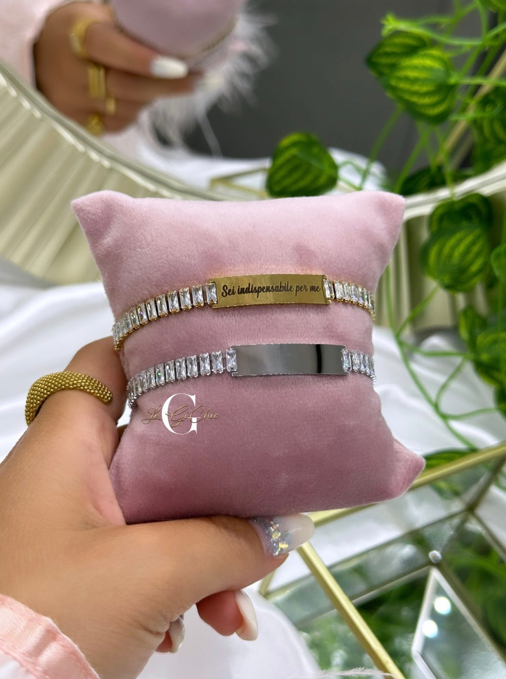 Bracciale “Tennis baguette” con targhetta personalizzabile